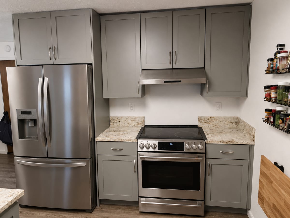 Gray shaker cabinets around a stainless range and hood with granite countertops